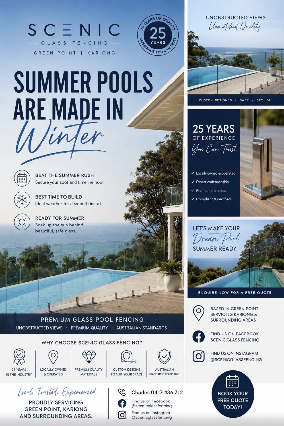 Scenic Glass Fencing winter promotion flyer for premium glass pool fencing on the Central Coast