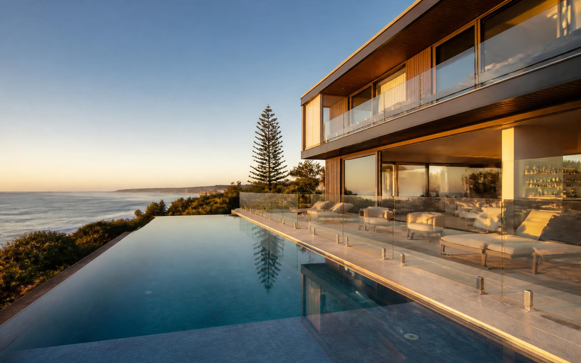 Luxury Central Coast home with frameless glass pool fencing around an infinity pool overlooking the ocean
